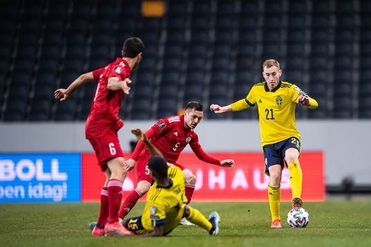 Dejan Kulusevski and Alexander Isak of Sweden against