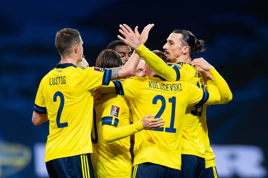 Zlatan Ibrahimovic of Sweden celebrates with his teammates