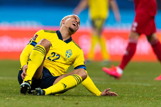 Robin Quaison of Sweden looks dejected