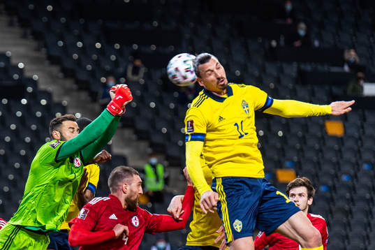 goalkeeper Giorgi Loria of Georgia and Zlatan Ibrahimovic