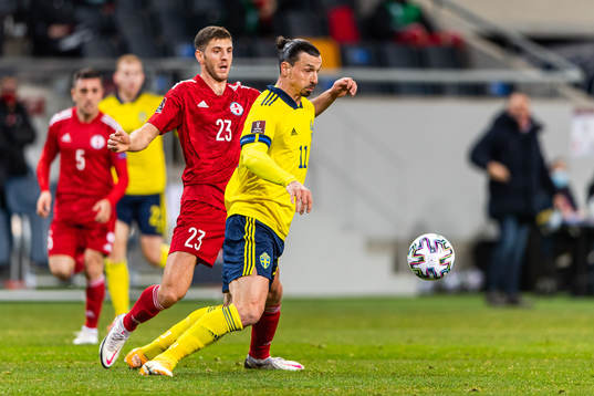 Lasha Dvali of Georgia and Zlatan Ibrahimovic of Sweden