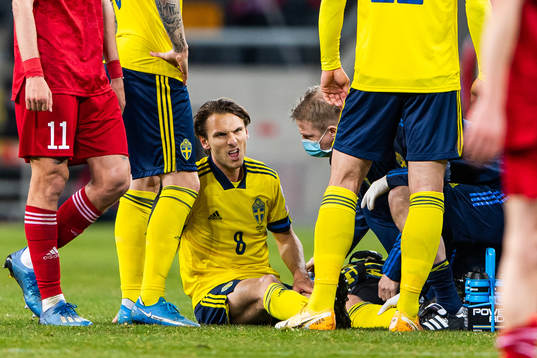 Albin Ekdal of Sweden sits down injured