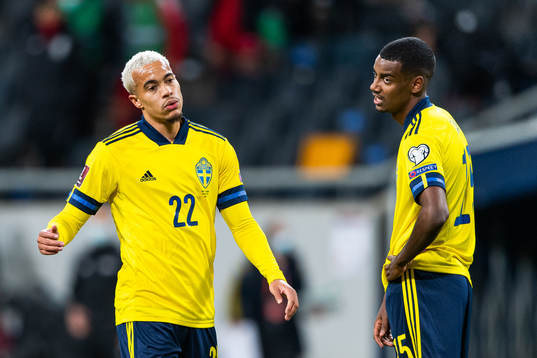 Robin Quaison and Alexander Isak of Sweden