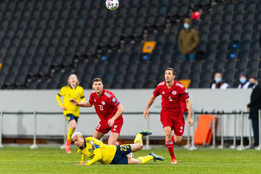 Robin Quaison of Sweden falls when competing with Giorgi