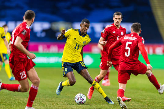 Alexander Isak of Sweden against Giorgi Aburjania and Guram
