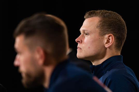 Goalkeeper Kristoffer Nordfeldt and Viktor Claesson of