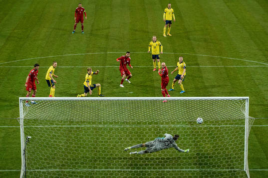 goalkeeper Kristoffer Nordfeldt of Sweden with a save