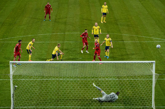 goalkeeper Kristoffer Nordfeldt of Sweden with a save