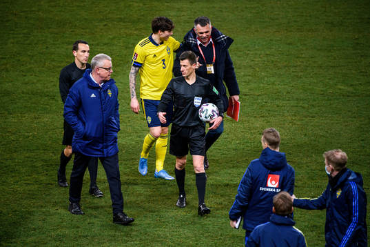 Janne Andersson, head coach of Sweden and referee Bastien