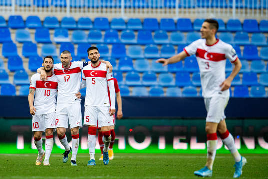 Hakan Çalhanoglu, Burak Yilmaz and Okay Yokuslu of Turkey