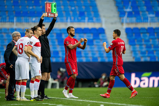 Joshua King and Mohamed «Moi» Elyounoussi of Norway