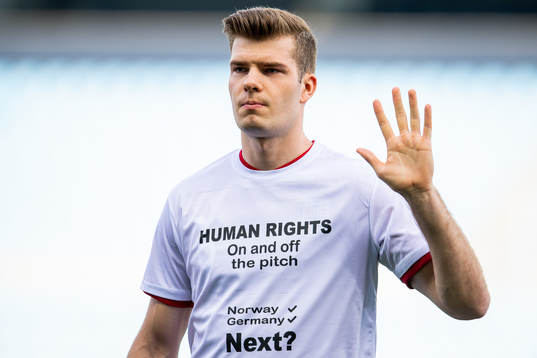 Alexander Sørloth of Norway wearing a t-shirt with the