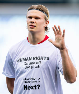 Erling Braut Haaland of Norway wearing a t-shirt with the