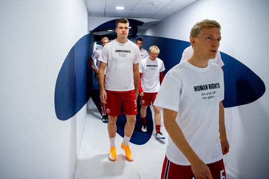 Alexander Sørloth of Norway wearing a t-shirt with the