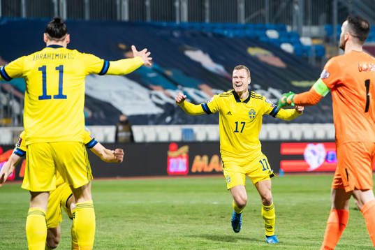 Viktor Claesson and Zlatan Ibrahimovic of Sweden celebrate
