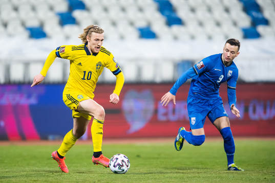 Emil Forsberg of Sweden and Bersant Celina of Kosovo