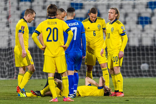 Filip Helander of Sweden is looked