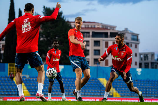 Kristoffer Ajer and Ruben Gabrielsen of the Norwegian