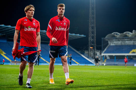Jonas Svensson and Alexander Sørloth of the Norwegian