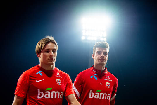 Jonas Svensson and Alexander Sørloth of the Norwegian