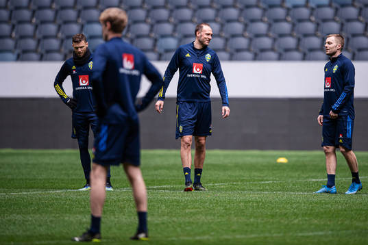 Marcus Berg, Andreas Granqvist and Sebastian Larsson of the
