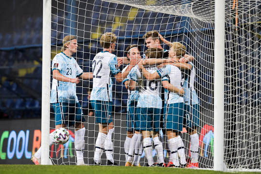Alexander Sørloth of Norway celebrates the 0-1 goal