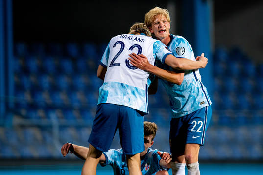 Erling Braut Haaland and Morten Thorsby of Norway celebrate