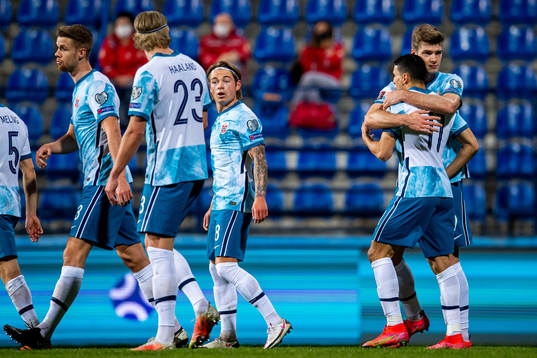 Alexander Sørloth of Norway celebrates with teammate