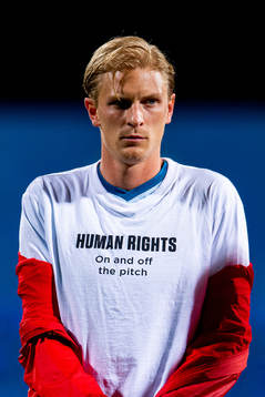 Morten Thorsby of Norway wearing a t-shirt with the message