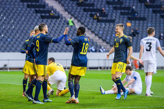 Marcus Berg of Sweden celebrate with Ken Sema and Mattias