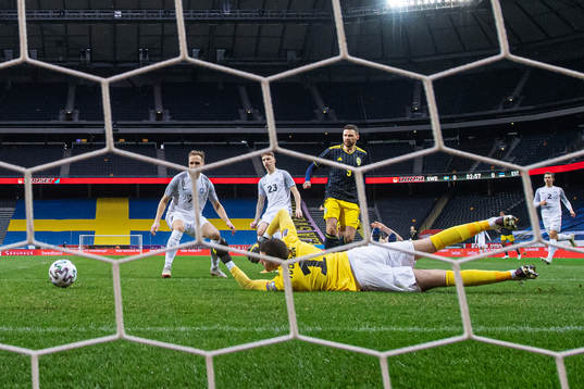 Marcus Berg of Sweden scores 1-0 behind goalkeeper Matvei