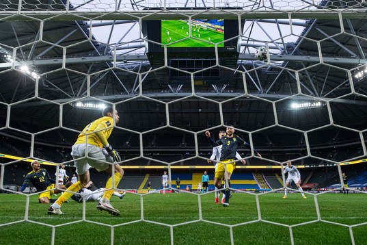 Robin Quaison and Marcus Berg of Sweden in action against