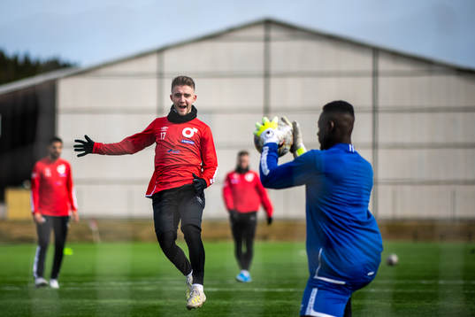 Degerfors IF Anton Kralj och målvakt Ismael Diawara
