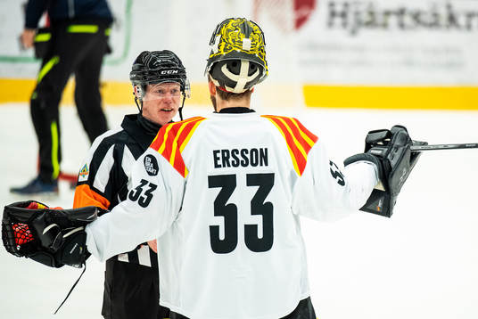 Brynäs målvakt Samuel Ersson diskuterar med Domare Pehr