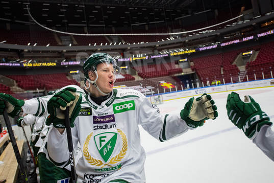 Färjestads Gustav Rydahl jublar i båset
