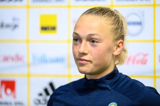 Hanna Bennison of Sweden speaks to media