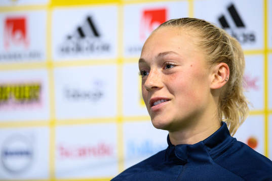 Hanna Bennison of Sweden speaks to media