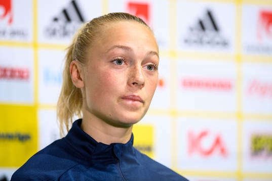 Hanna Bennison of Sweden speaks to media