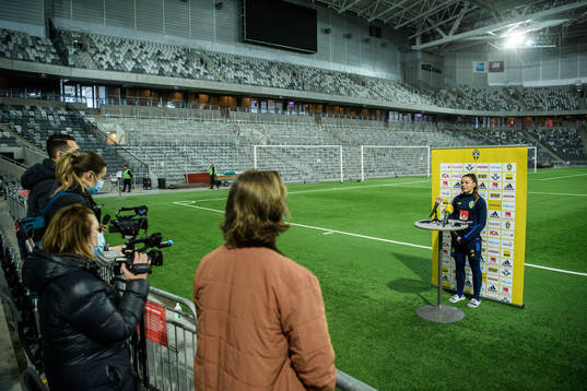 Johanna Rytting Kaneryd of Sweden speaks to media