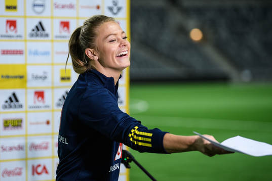 Fridolina Rolfö of Sweden speaks to media