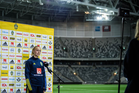 Hanna Bennison of Sweden speaks to media