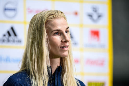 Sofia Jakobsson of Sweden speaks to media