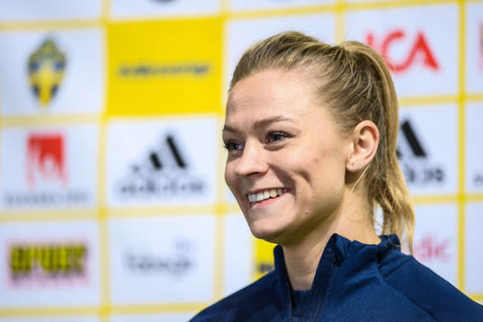 Fridolina Rolfö of Sweden speaks to media