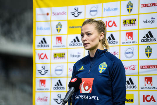 Fridolina Rolfö of Sweden speaks to media