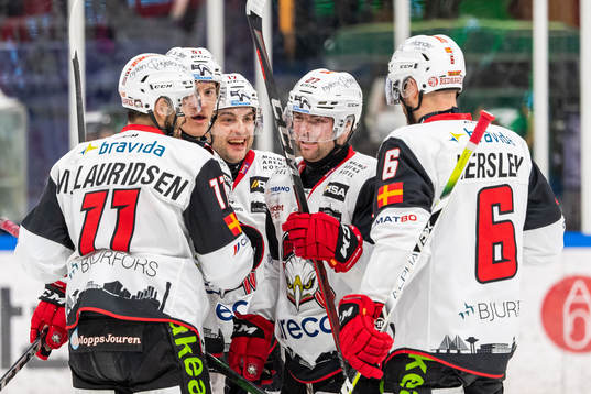 Malmö Redhawks Ponthus Westerholm jublar med lagkamrater
