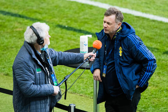 Peter Gerhardsson, Head coach of Sweden, talks to media