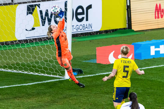 Goalkeeper Jennifer Falk of Sweden with  a save