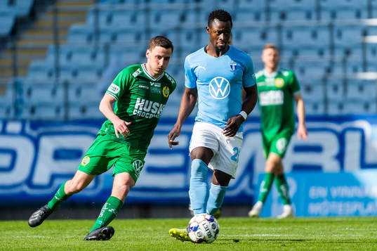 Hammarbys Jeppe Andersen och Malmö FFs Bonke Innocent