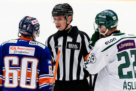 Domare Christoffer Holm pratar med Växjös Erik Josefsson