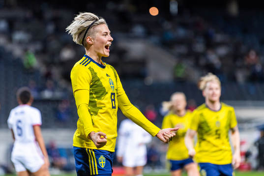 Lina Hurtig of Sweden celebrates scoring 1-0